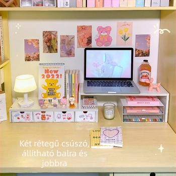 Számítógépasztali emelő állvány, 3 rétegű, fa/bambusz, többfunkciós, mozgatható, fúrásmentes