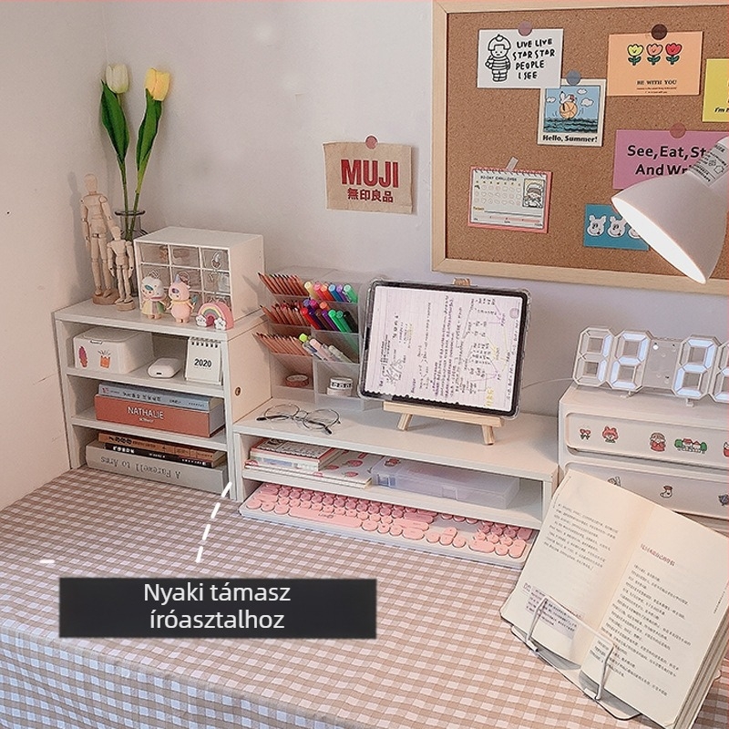 Számítógépasztali emelő állvány, 3 rétegű, fa/bambusz, többfunkciós, mozgatható, fúrásmentes