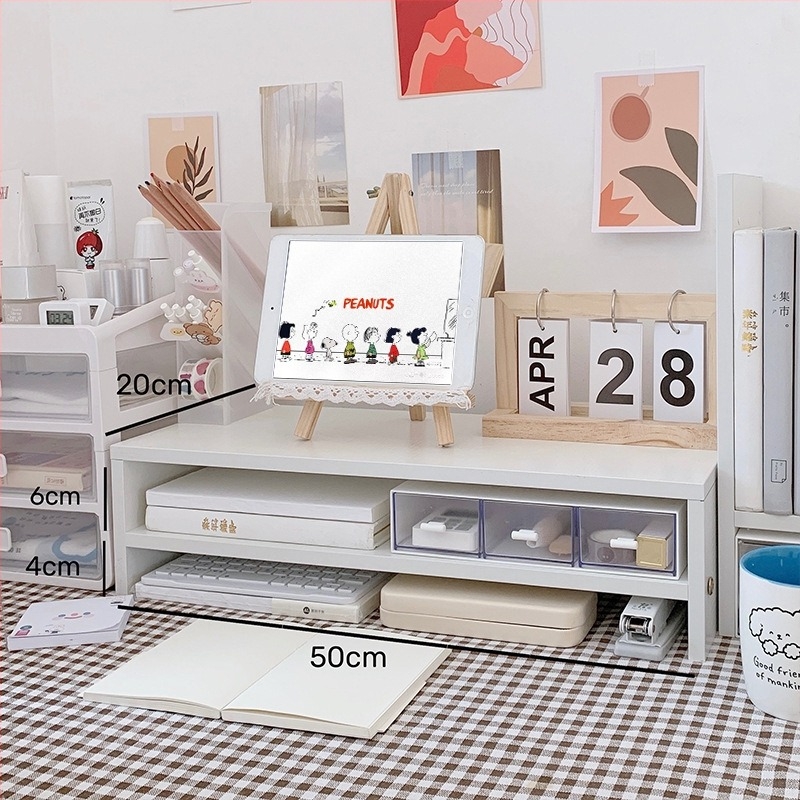 Számítógépasztali emelő állvány, 3 rétegű, fa/bambusz, többfunkciós, mozgatható, fúrásmentes