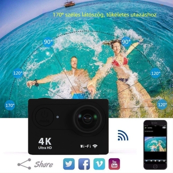 4K-s Wi-Fi sportkamera, vízálló, 8 MP szenzor, 90 perces akkumulátor-élettartam