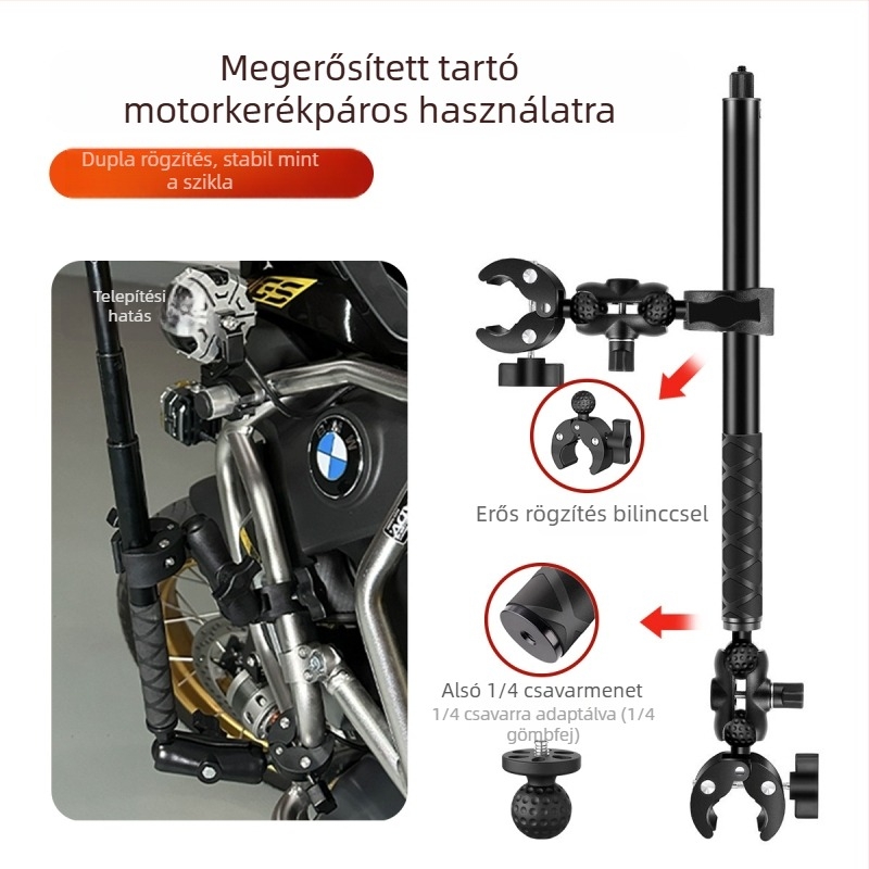 Masszív rögzítő clamp Insta360 akciókamerákhoz motoron, GoPro selfie stick kompatibilis