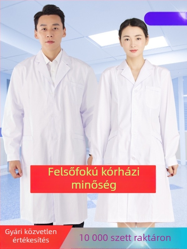 Uniszex orvosi köpeny rövid ujjú, poliészter-pamut 65/35, nedvességelvezető, gallér kabát-szerű, kórház-klinika
