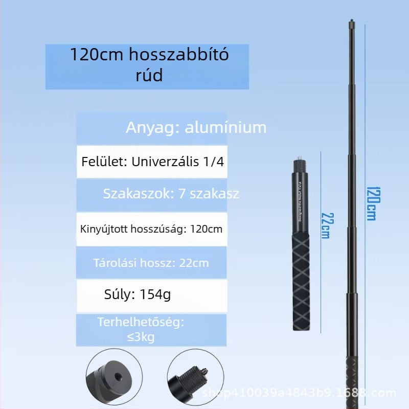 Alumíniumötvözetes kézi selfie stick Insta360 X3/X4/X5-höz, 4 szakasz, terhelhetőség 2–5 kg, modell Straight pull 1230