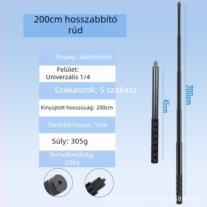 Alumíniumötvözetes kézi selfie stick Insta360 X3/X4/X5-höz, 4 szakasz, terhelhetőség 2–5 kg, modell Straight pull 1230