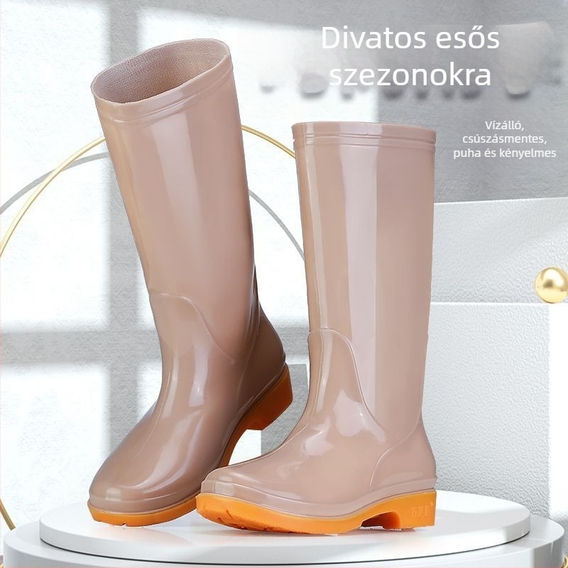 Női PVC esőcsizma magas szárú, alacsony sarka 1-3 cm, vastag talp, csúszásmentes, slip-on