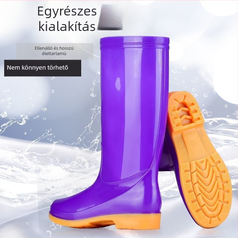 Női PVC esőcsizma magas szárú, alacsony sarka 1-3 cm, vastag talp, csúszásmentes, slip-on