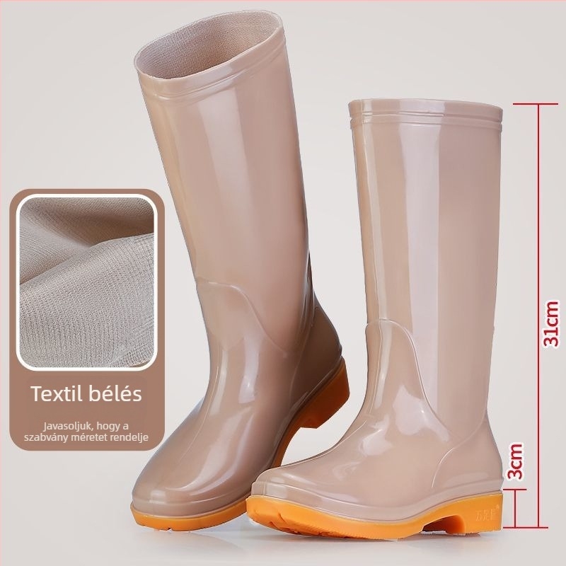Női PVC esőcsizma magas szárú, alacsony sarka 1-3 cm, vastag talp, csúszásmentes, slip-on