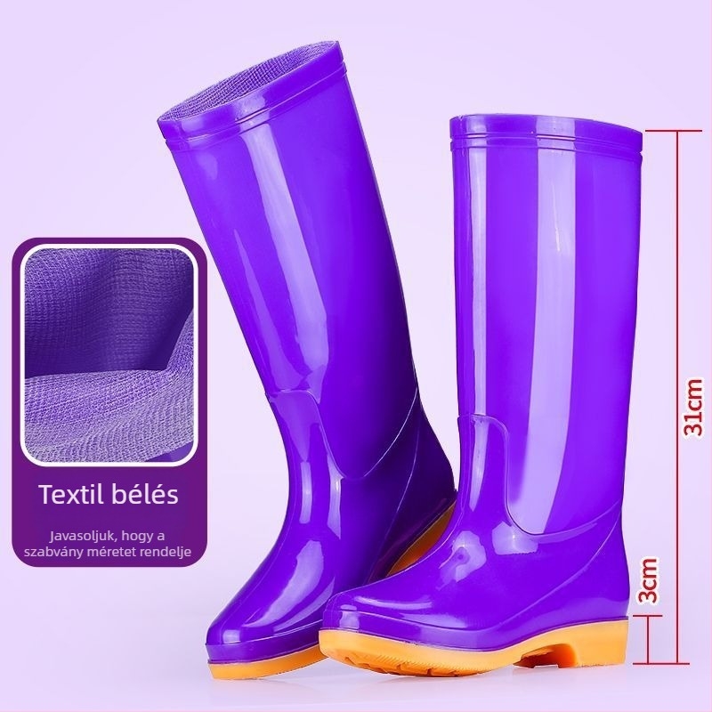 Női PVC esőcsizma magas szárú, alacsony sarka 1-3 cm, vastag talp, csúszásmentes, slip-on