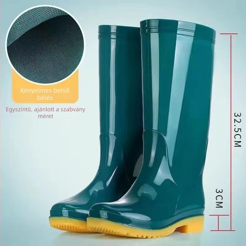 Női PVC esőcsizma magas szárú, alacsony sarka 1-3 cm, vastag talp, csúszásmentes, slip-on