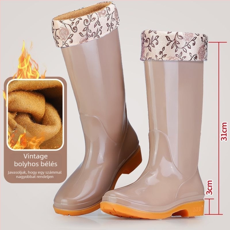 Női PVC esőcsizma magas szárú, alacsony sarka 1-3 cm, vastag talp, csúszásmentes, slip-on