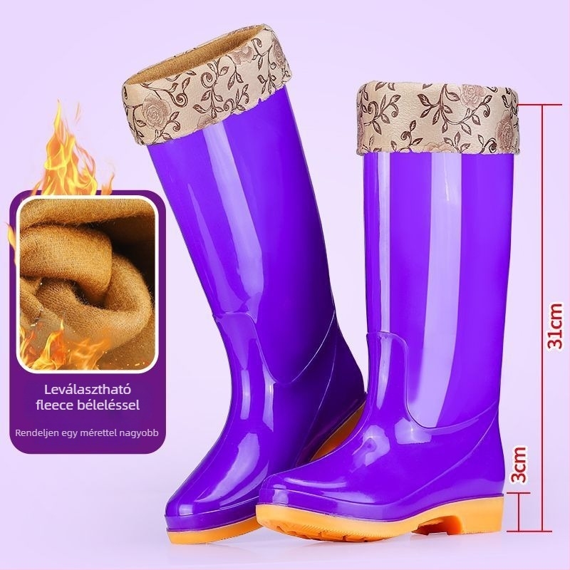 Női PVC esőcsizma magas szárú, alacsony sarka 1-3 cm, vastag talp, csúszásmentes, slip-on