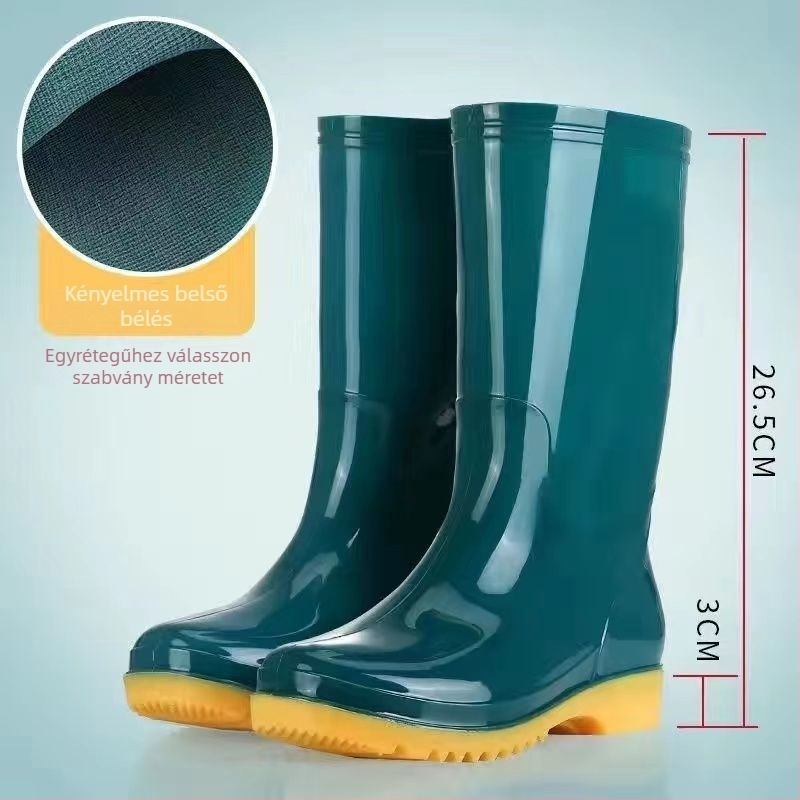 Női PVC esőcsizma magas szárú, alacsony sarka 1-3 cm, vastag talp, csúszásmentes, slip-on
