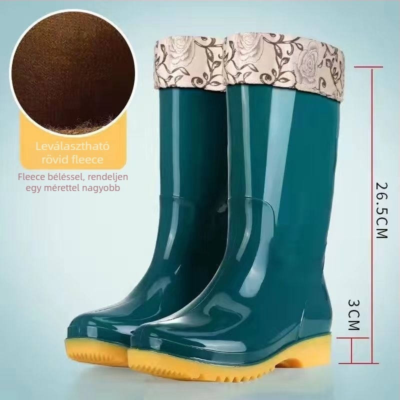Női PVC esőcsizma magas szárú, alacsony sarka 1-3 cm, vastag talp, csúszásmentes, slip-on