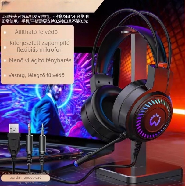 DG-909-XOX Vezetékes játék fejhallgató, 50 mm meghajtókkal, frekvenciatartomány 20 Hz–20 kHz, érzékenység 98 dB, 2 m-es kábel, mikrofon, USB és 3,5 mm, PC-hez, zajcsökkentés