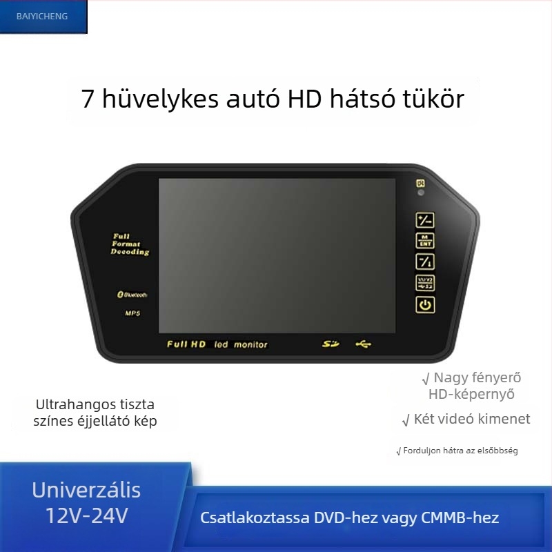 Autó LCD kijelző visszapillantó tükörhöz, 7 hüvelyk, 800x480 felbontás, AV bemenet