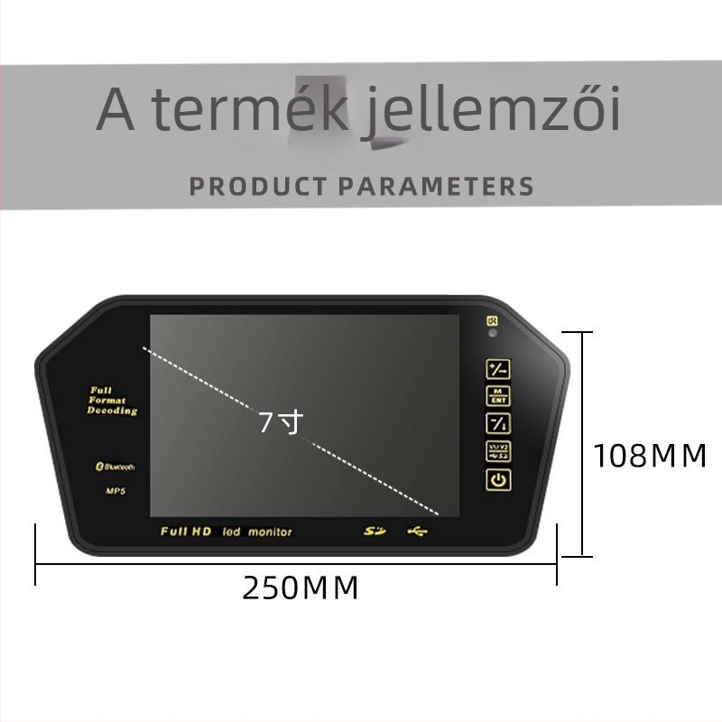 Autó LCD kijelző visszapillantó tükörhöz, 7 hüvelyk, 800x480 felbontás, AV bemenet