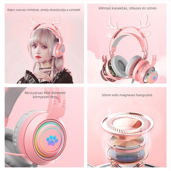 Kabeles PC gaming fejhallgató macska- és szarvasfül dizájnnal, RGB világítás, 50 mm meghajtók, 3,5 mm csatlakozó, 2 m fonott kábel, mikrofon