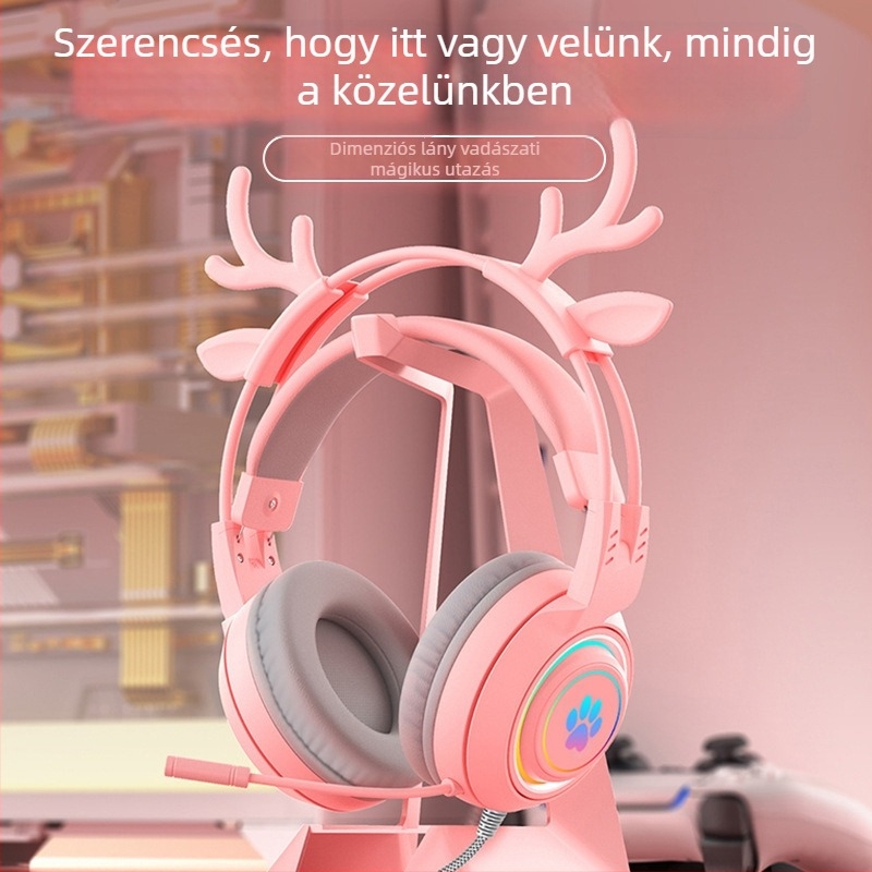 Kabeles PC gaming fejhallgató macska- és szarvasfül dizájnnal, RGB világítás, 50 mm meghajtók, 3,5 mm csatlakozó, 2 m fonott kábel, mikrofon