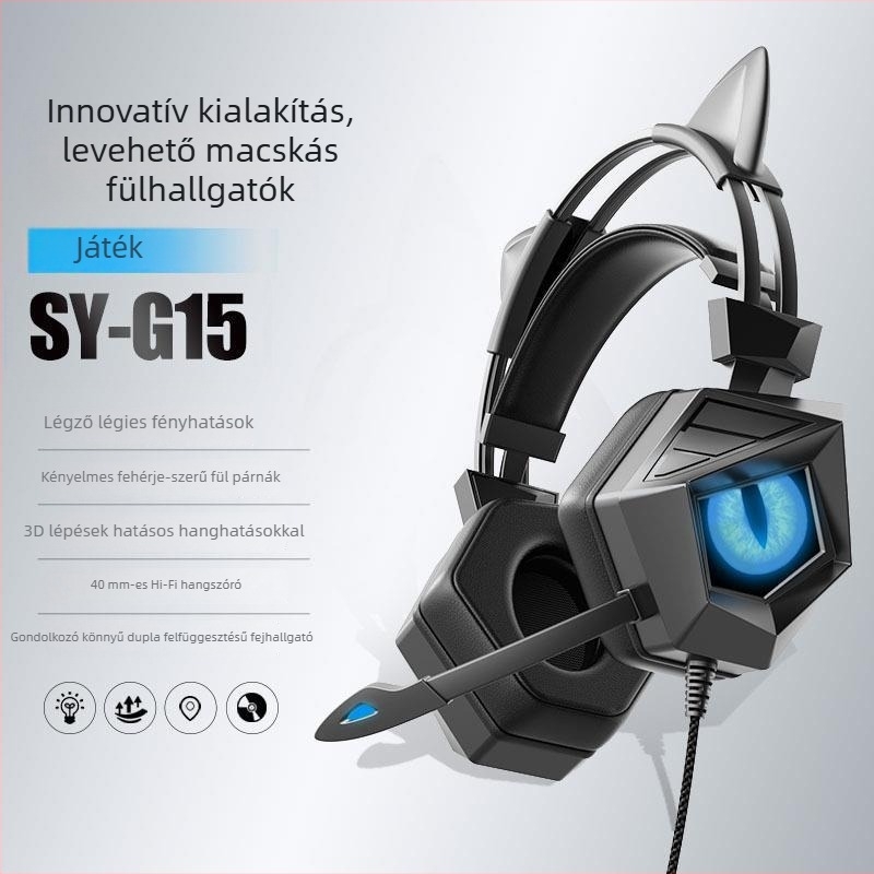 Esport játékfejhallgató 40 mm-es meghajtókkal, 3,5 mm-es csatlakozóval, vezetékes, beépített mikrofon, frekvenciasáv 20–20000 Hz