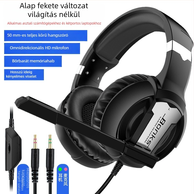 Vezetékes játékfejhallgató mikrofonnal, 3,5 mm csatlakozó, frekvenciatanomány 20-20000 Hz, impedancia 16 Ω, érzékenység 116 dB/mW, torzítás 2%