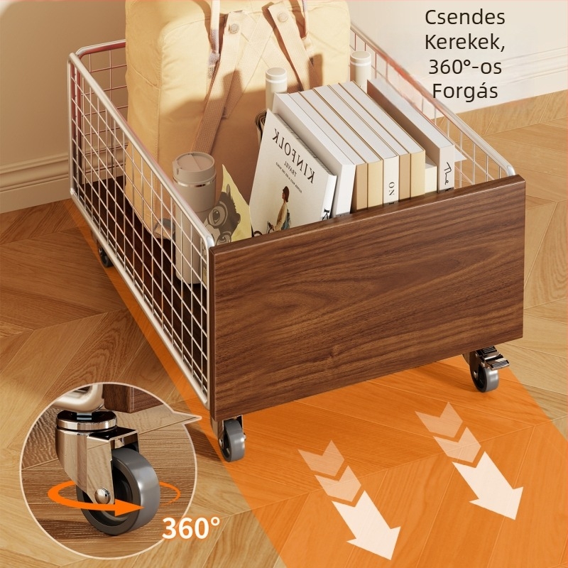 Íróasztal alatti görgős tárolókosár könyvekhez, levehető tárolókosár, vasdrót + fa lemez, modell 2312462960505818240, modern minimalist stílus