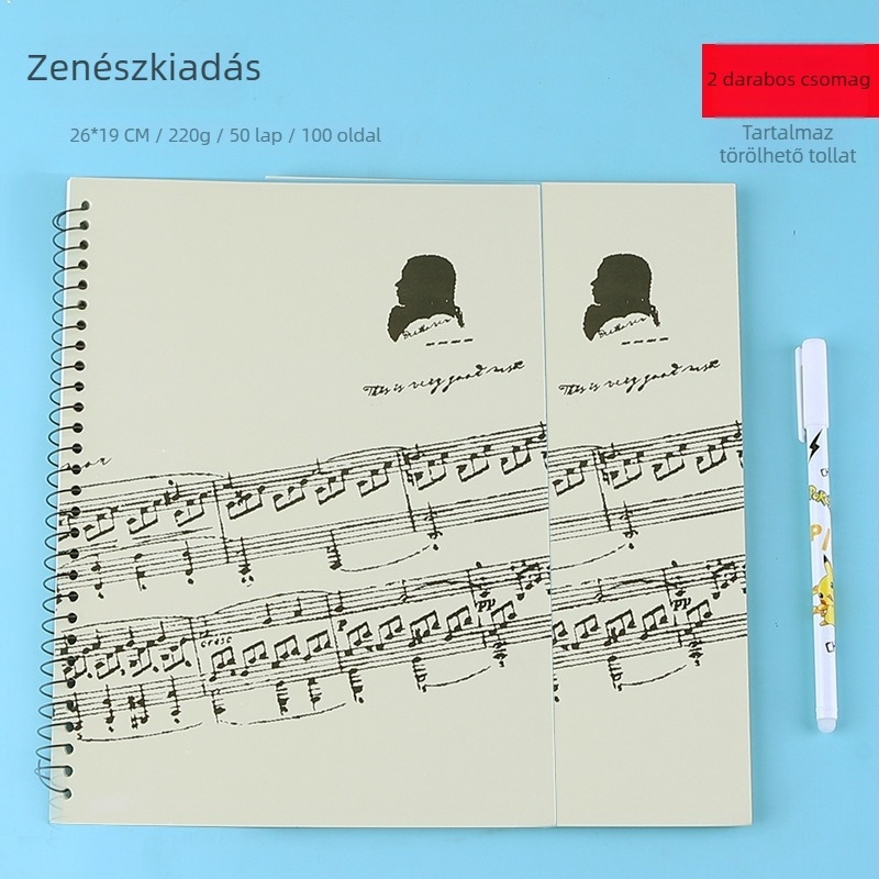 Öt vonalas kottázó füzet szabad oldalakkal, nagy írási térrel zongorapartitúrákhoz és zenei elmélethez – egyetemistáknak (40 g/m² papír, akár 50 oldal)