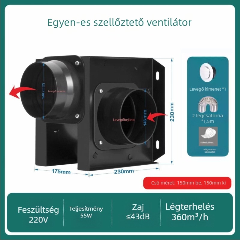 Megosztott csőventilátor, egy-kettő kivitel, fürdőszoba és konyha, HF18B, 220V, 40W, Energiahatékonyság II, Mechanikus vezérlés