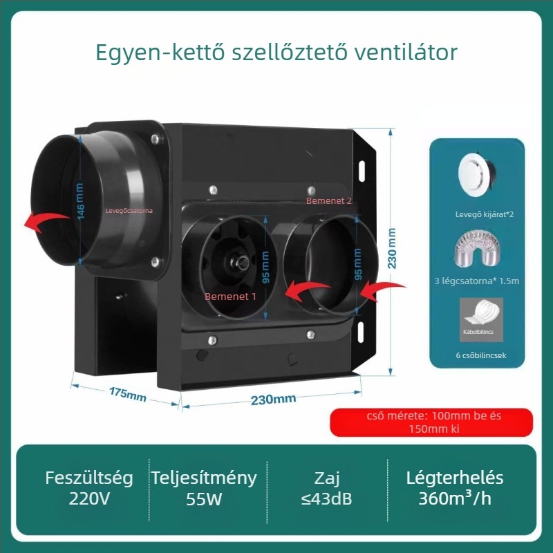 Megosztott csőventilátor, egy-kettő kivitel, fürdőszoba és konyha, HF18B, 220V, 40W, Energiahatékonyság II, Mechanikus vezérlés