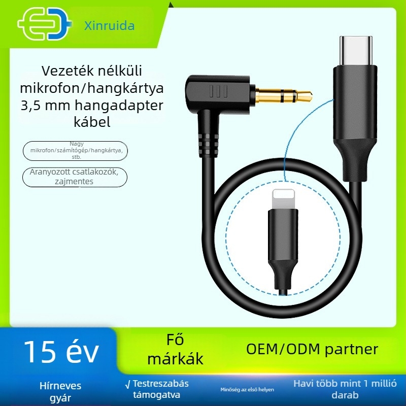 Mikrofonhoz való audiókábel, 3.5mm-es férfi a Type-C/8-pins csatlakozóhoz, aranyozott, rézmag, rézvezető