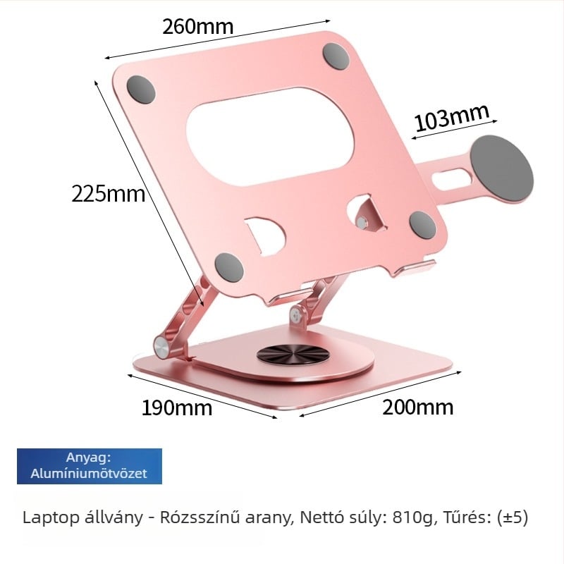 Alumínium ötvözetből készült laptopállvány, 360°-os forgatással, összecsukható, mágneses telefontartó és HUB