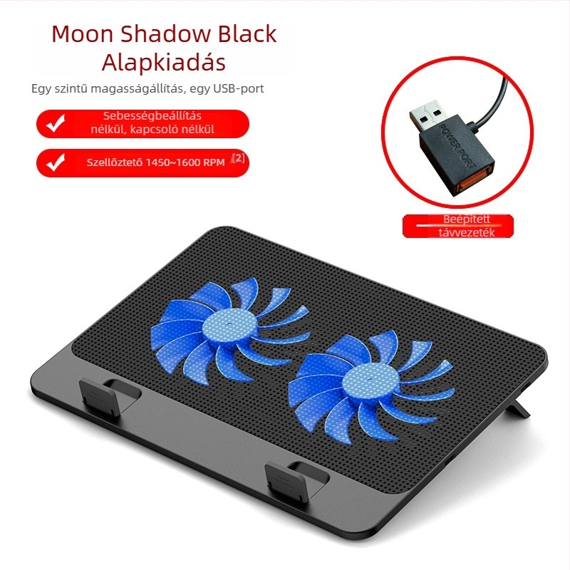 Laptop hűtőállvány két ventilátorral, fém háló, 50 cm-es kábel, súly 0,7–1,1 kg