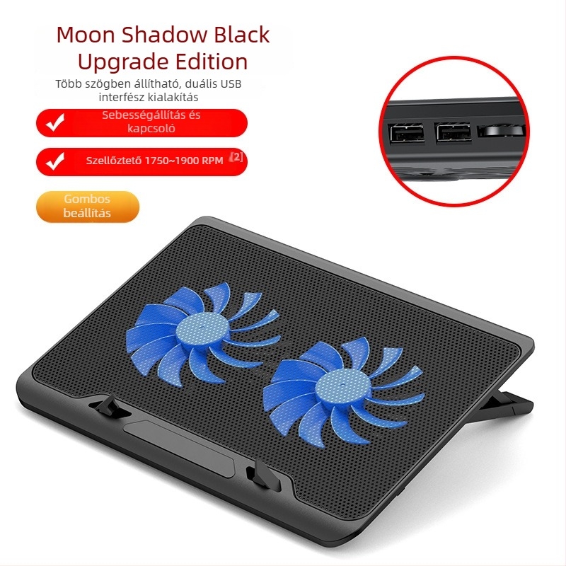 Laptop hűtőállvány két ventilátorral, fém háló, 50 cm-es kábel, súly 0,7–1,1 kg