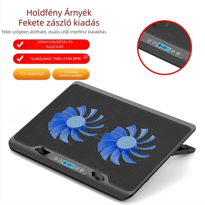 Laptop hűtőállvány két ventilátorral, fém háló, 50 cm-es kábel, súly 0,7–1,1 kg