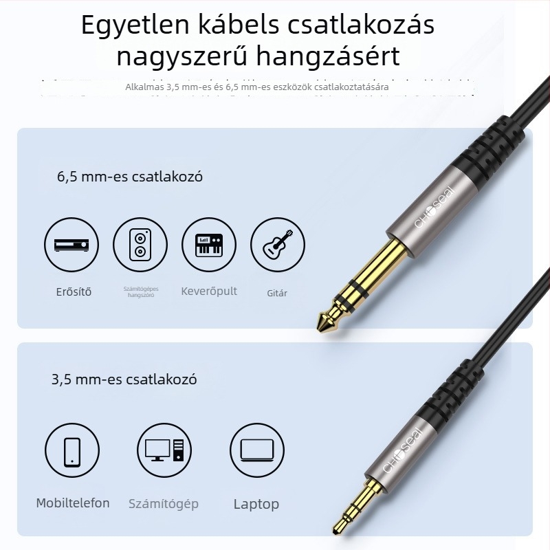 Akihabara AV kábel QAD19BK: 3,5 mm-tól 6,5 mm-ig audio csatlakozó, aranyozott réz mag, ISO 9001