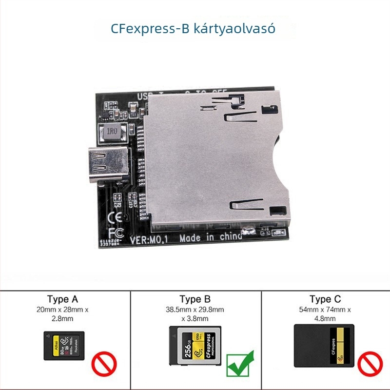 CFexpress kártyaolvasó Type A/B-hez, USB 3.1 Type-C, CNC alumíniumötvözet burkolat, külső, 60 g