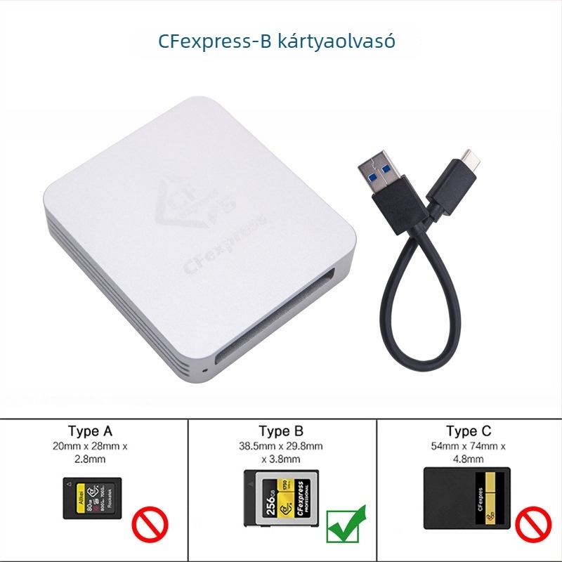 CFexpress kártyaolvasó Type A/B-hez, USB 3.1 Type-C, CNC alumíniumötvözet burkolat, külső, 60 g