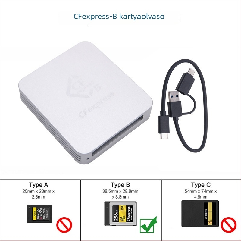 CFexpress kártyaolvasó Type A/B-hez, USB 3.1 Type-C, CNC alumíniumötvözet burkolat, külső, 60 g