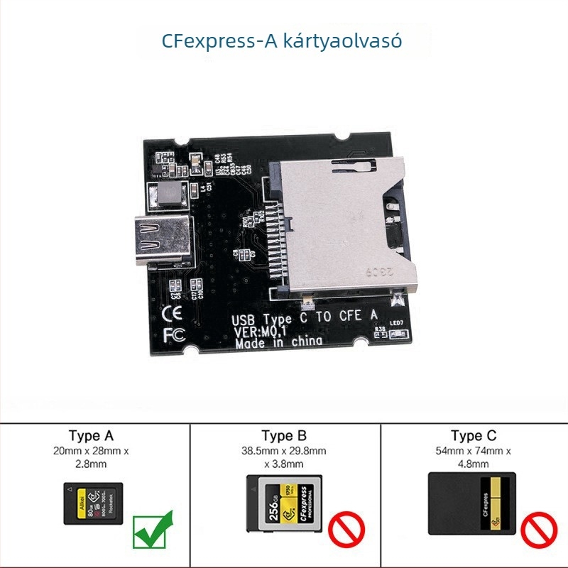 CFexpress kártyaolvasó Type A/B-hez, USB 3.1 Type-C, CNC alumíniumötvözet burkolat, külső, 60 g