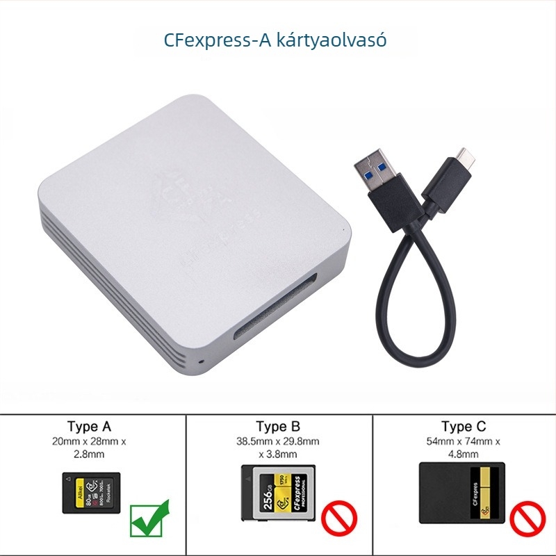 CFexpress kártyaolvasó Type A/B-hez, USB 3.1 Type-C, CNC alumíniumötvözet burkolat, külső, 60 g