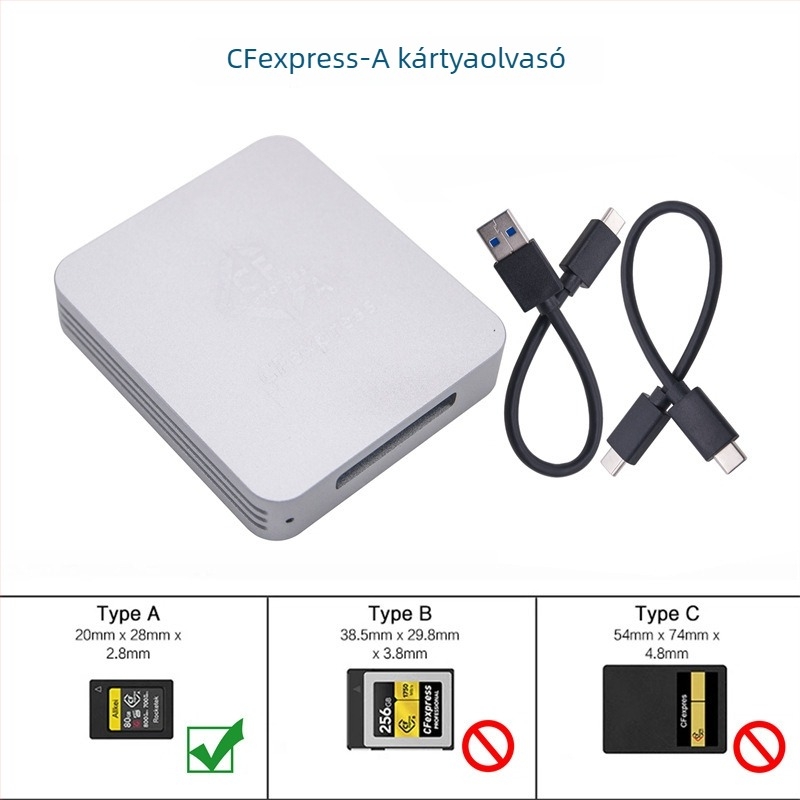 CFexpress kártyaolvasó Type A/B-hez, USB 3.1 Type-C, CNC alumíniumötvözet burkolat, külső, 60 g