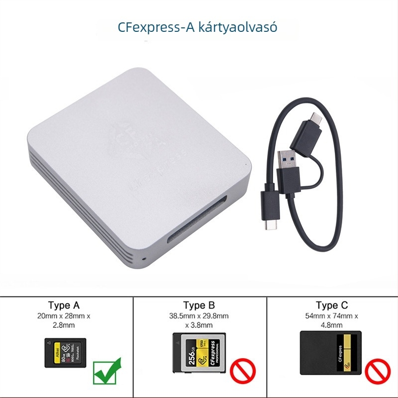 CFexpress kártyaolvasó Type A/B-hez, USB 3.1 Type-C, CNC alumíniumötvözet burkolat, külső, 60 g