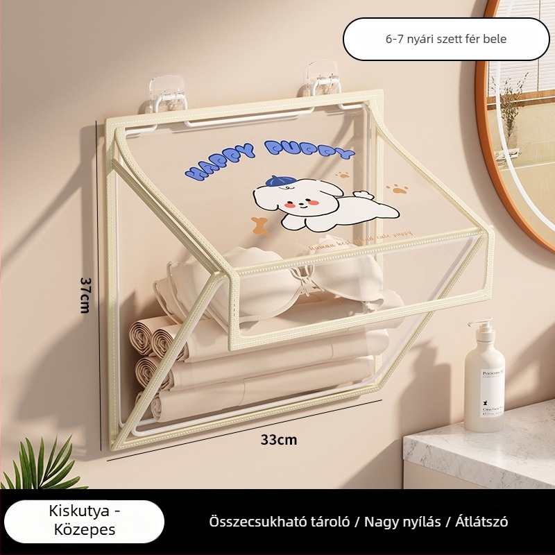 Fürdőszobai falra szerelhető tároló, összecsukható, fúrás nélküli, PVC rendező, modell SND6039