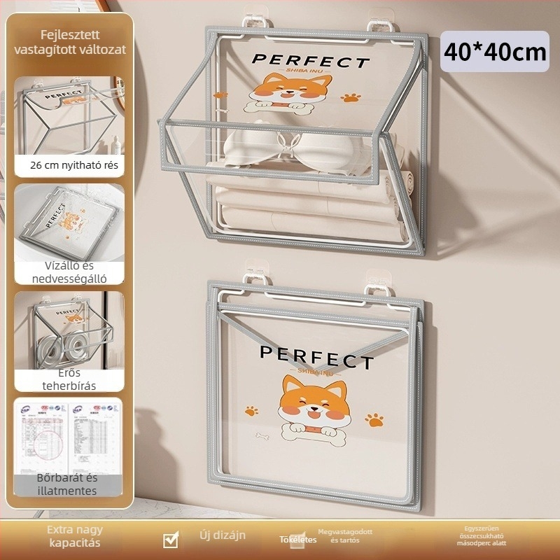 Fürdőszobai falra szerelhető tároló, összecsukható, fúrás nélküli, PVC rendező, modell SND6039