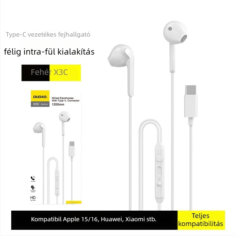 X3C vezetékes fülhallgató Type-C, 15 mm meghajtó, beépített mikrofon, 1,2 m kábel, vonali vezérlő