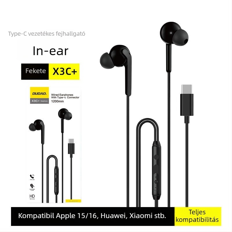 X3C vezetékes fülhallgató Type-C, 15 mm meghajtó, beépített mikrofon, 1,2 m kábel, vonali vezérlő