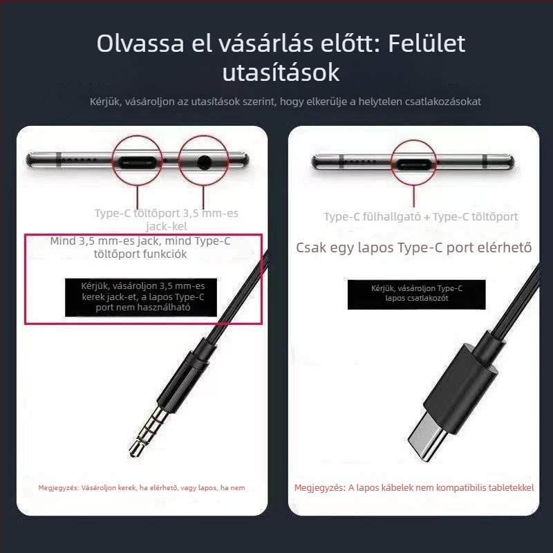 Vezetékes Type-C fejhallgató íves csatlakozóval, fülben illeszkedő, kompatibilis Oppo/Huawei