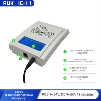 IC-11 Nélküli érintkezéses IC kártyaolvasó, 13,56 MHz, olvasási idő 0,08 s, PoE vagy DC 9–54 V tápegység, UDP/TCP/HTTP/MQTT