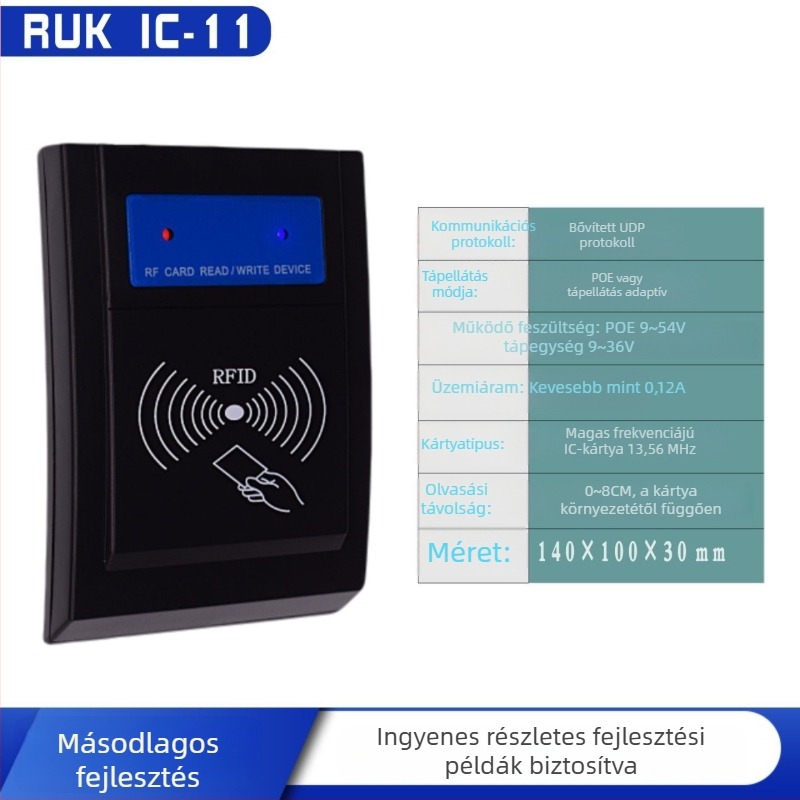 IC-11 Nélküli érintkezéses IC kártyaolvasó, 13,56 MHz, olvasási idő 0,08 s, PoE vagy DC 9–54 V tápegység, UDP/TCP/HTTP/MQTT
