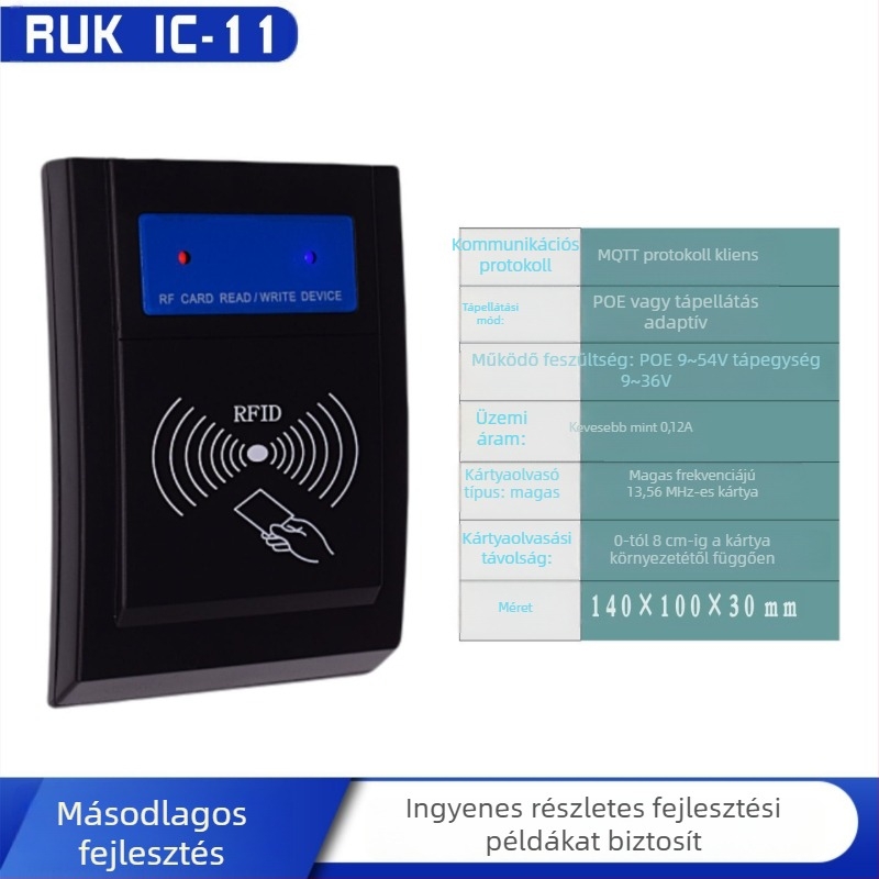 IC-11 Nélküli érintkezéses IC kártyaolvasó, 13,56 MHz, olvasási idő 0,08 s, PoE vagy DC 9–54 V tápegység, UDP/TCP/HTTP/MQTT