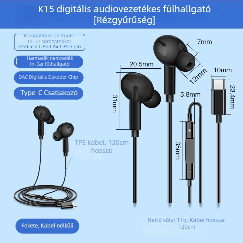 X2 In-Ear Digitális fejhallgató USB-C csatlakozóval, vezetékes mikrofonnal, 1,2 m kábel, frekvencia-válasz 97, torzítás 2%